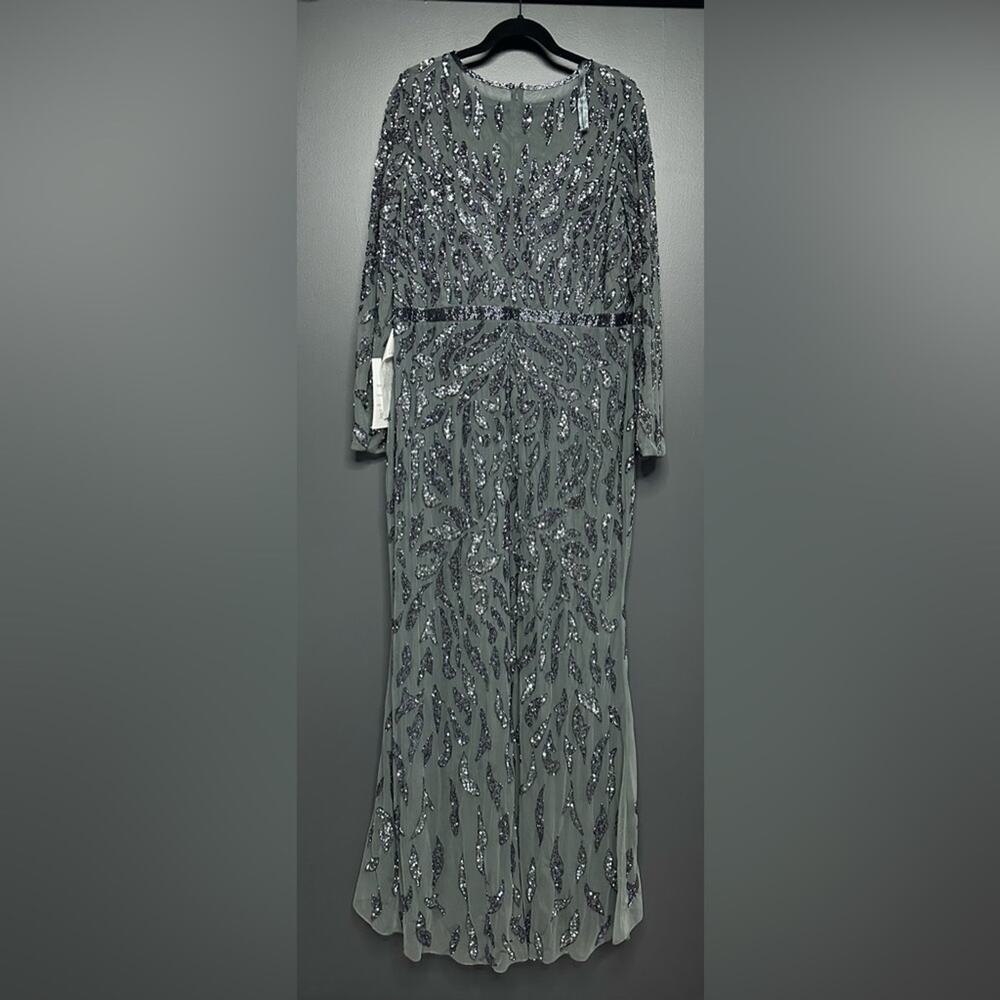 NWT Mac Duggal 5124 Beaded Long Sleeve Evening Gown Charcoal 18 - Picture 7 of 8